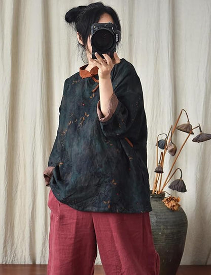 Vintage Bloom Contrast Linen Blouse