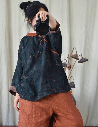 Vintage Bloom Contrast Linen Blouse