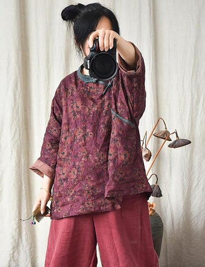 Vintage Bloom Contrast Linen Blouse