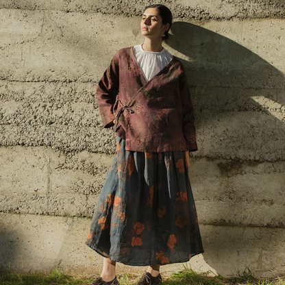 Floral Linen Wrap Kimono - Artistic Natural Print