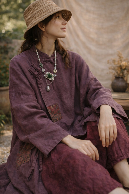 Long Linen Kimono Jacket - Rustic Flow Patchwork Style