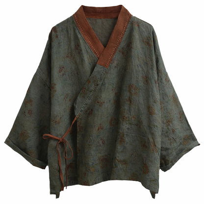 Vintage Bloom Linen Kimono Jacket – Patchwork Wrap Cardigan