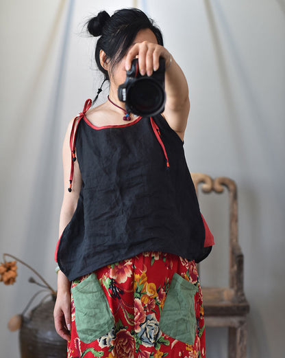 Strappy Contrast Ramie Blouse
