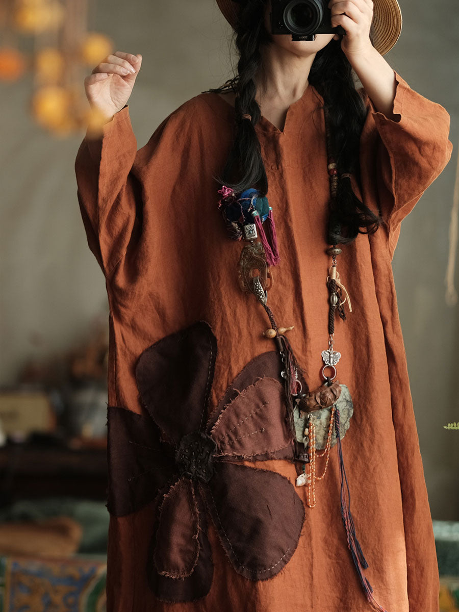 Vestido Bohemio de Lino con Flor Patchwork – Corte A-Line Vintage