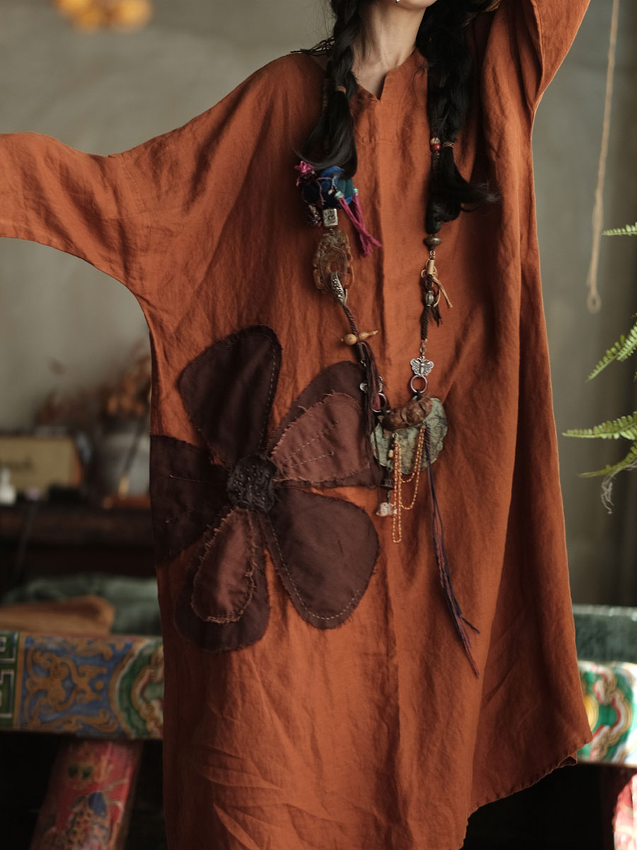 Vestido Bohemio de Lino con Flor Patchwork – Corte A-Line Vintage