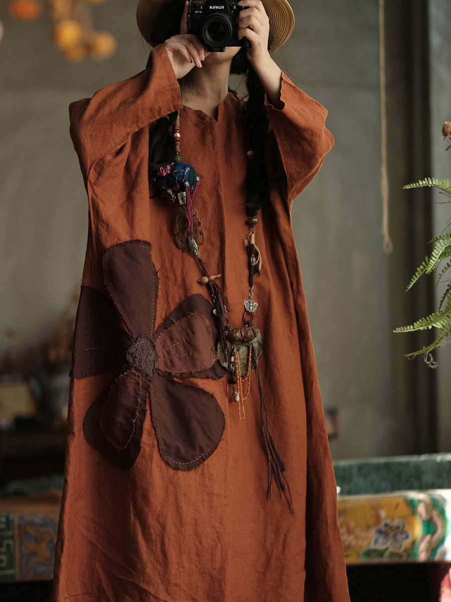 Vestido Bohemio de Lino con Flor Patchwork – Corte A-Line Vintage