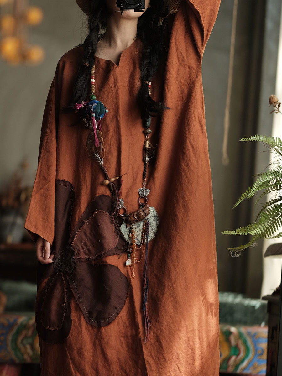 Vestido Bohemio de Lino con Flor Patchwork – Corte A-Line Vintage