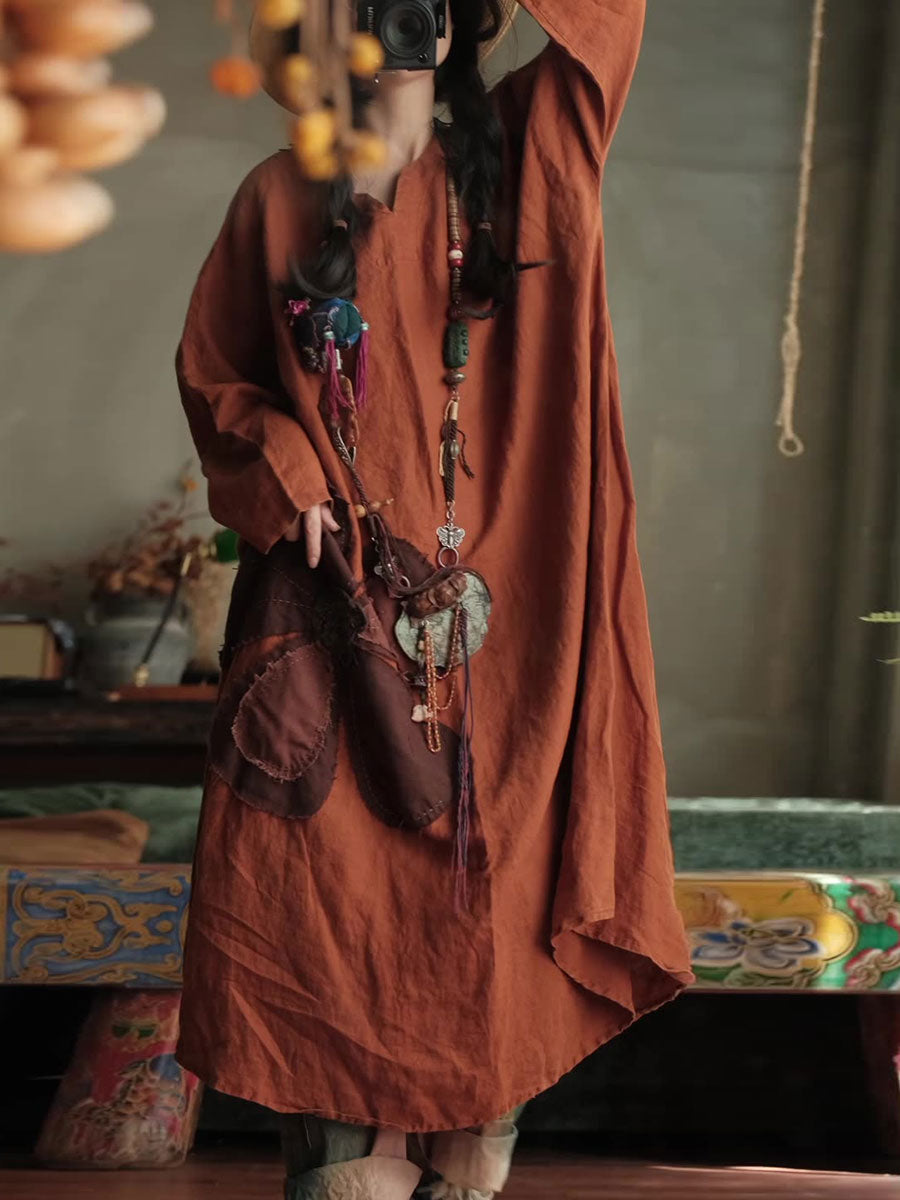 Vestido Bohemio de Lino con Flor Patchwork – Corte A-Line Vintage