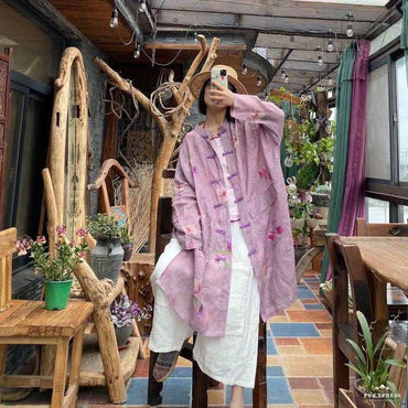 Vintage Floral Ramie Linen Long Blouse