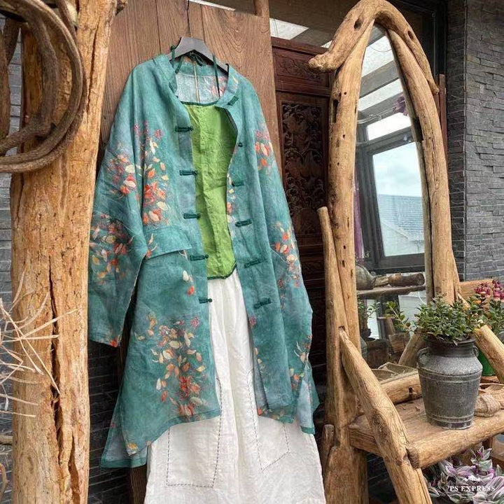 Vintage Floral Ramie Linen Long Blouse