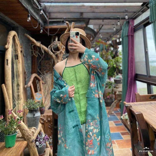 Vintage Floral Ramie Linen Long Blouse