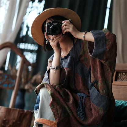 Liora Vintage Linen Tunic Dress - Oriental Boho Style