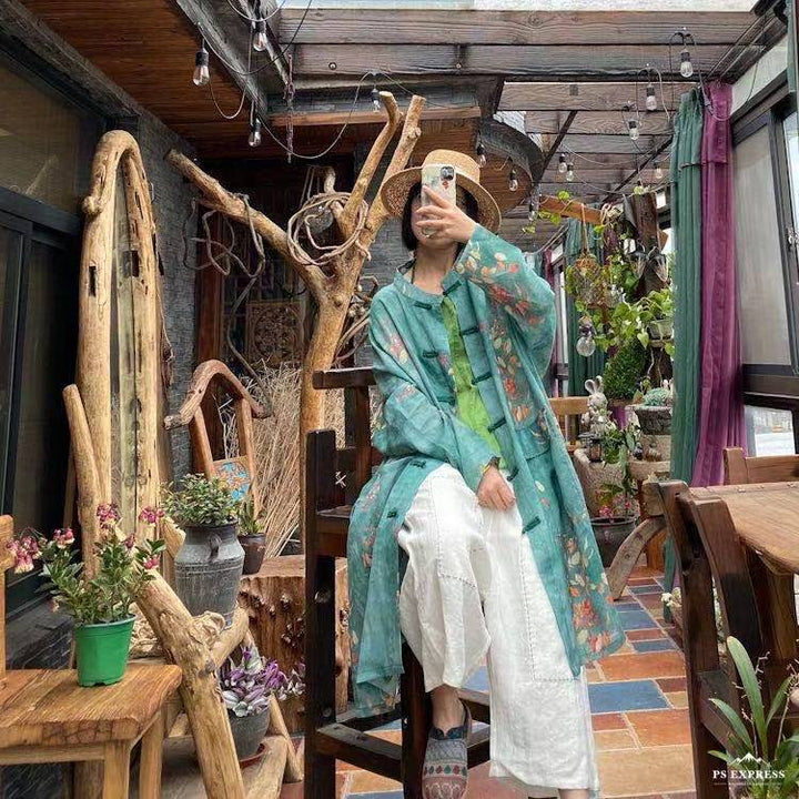 Vintage Floral Ramie Linen Long Blouse