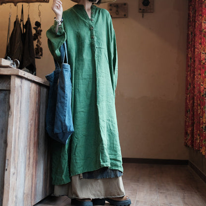 Natural Green Linen Dress - Relaxed Fit Raw Linen
