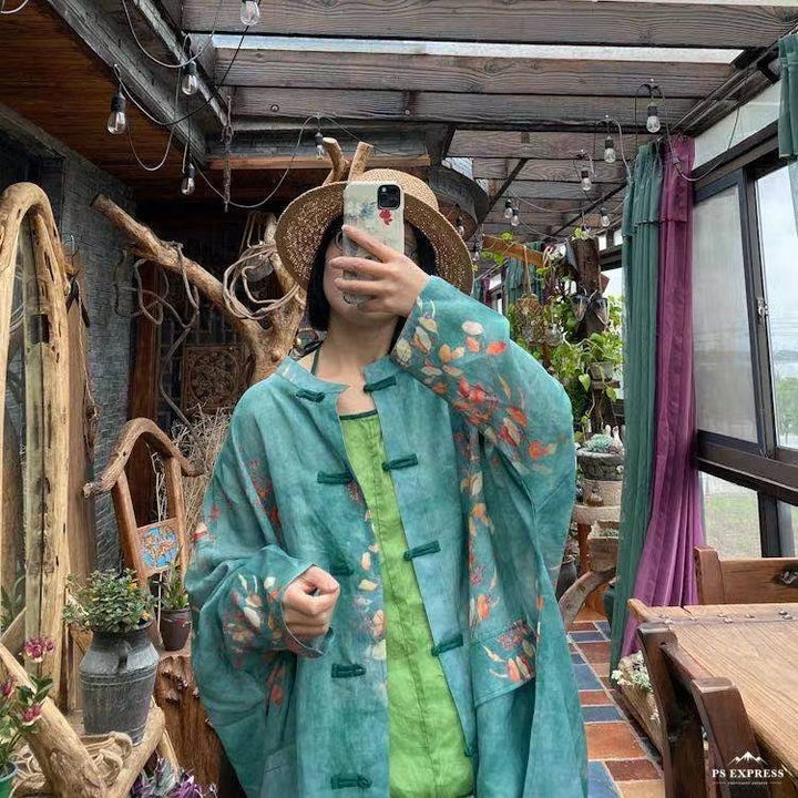 Vintage Floral Ramie Linen Long Blouse