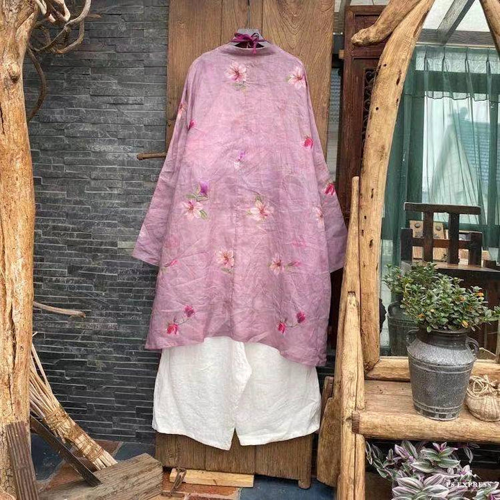 Vintage Floral Ramie Linen Long Blouse