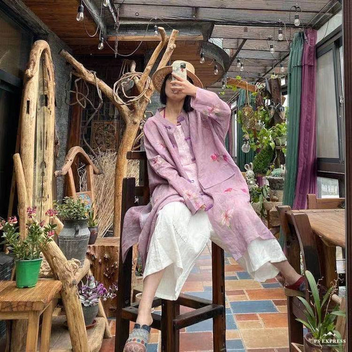 Vintage Floral Ramie Linen Long Blouse