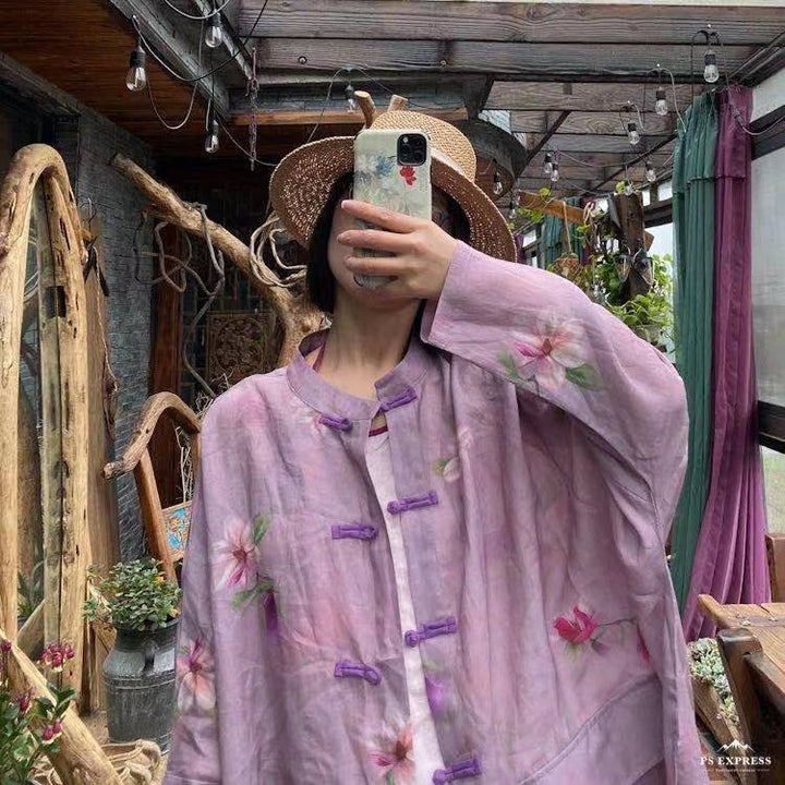 Vintage Floral Ramie Linen Long Blouse