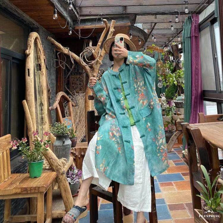Vintage Floral Ramie Linen Long Blouse