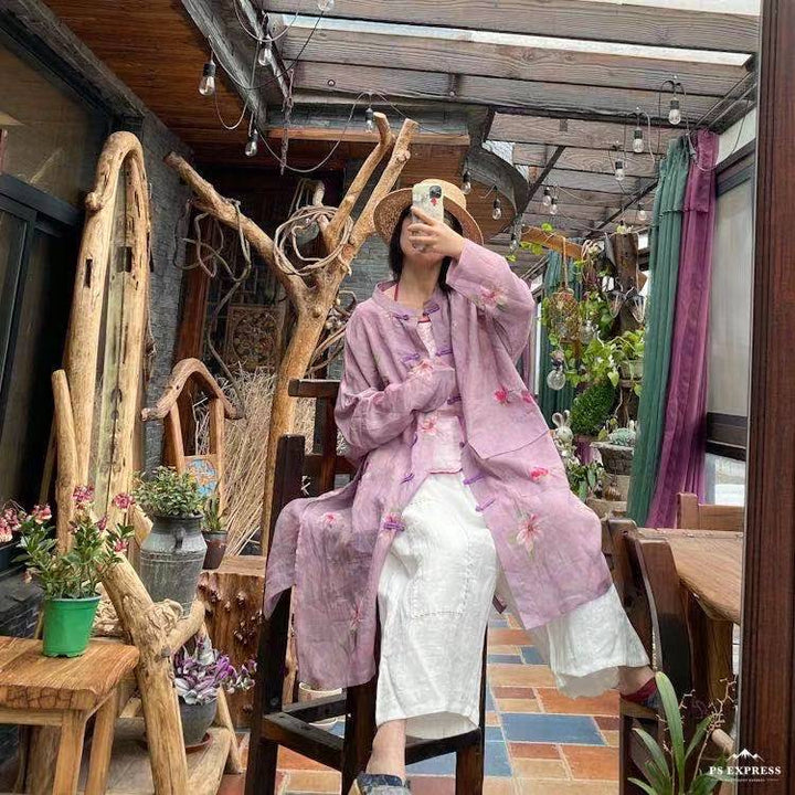 Vintage Floral Ramie Linen Long Blouse