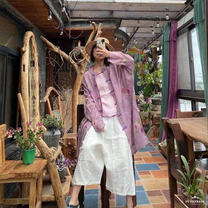 Vintage Floral Ramie Linen Long Blouse