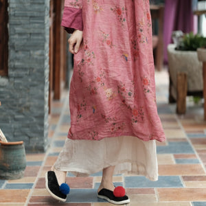 Flora Hanfu Linen Tunic Dress - Vintage Floral Boho