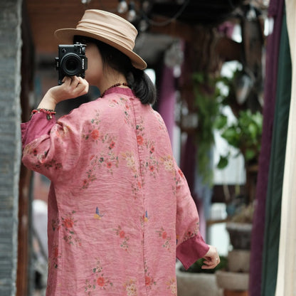 Flora Hanfu Linen Tunic Dress - Vintage Floral Boho