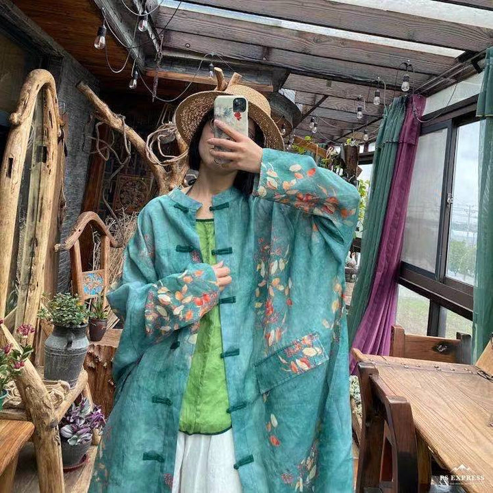 Vintage Floral Ramie Linen Long Blouse