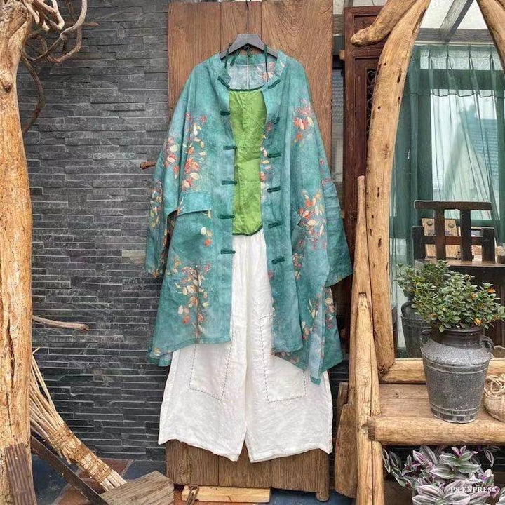 Vintage Floral Ramie Linen Long Blouse