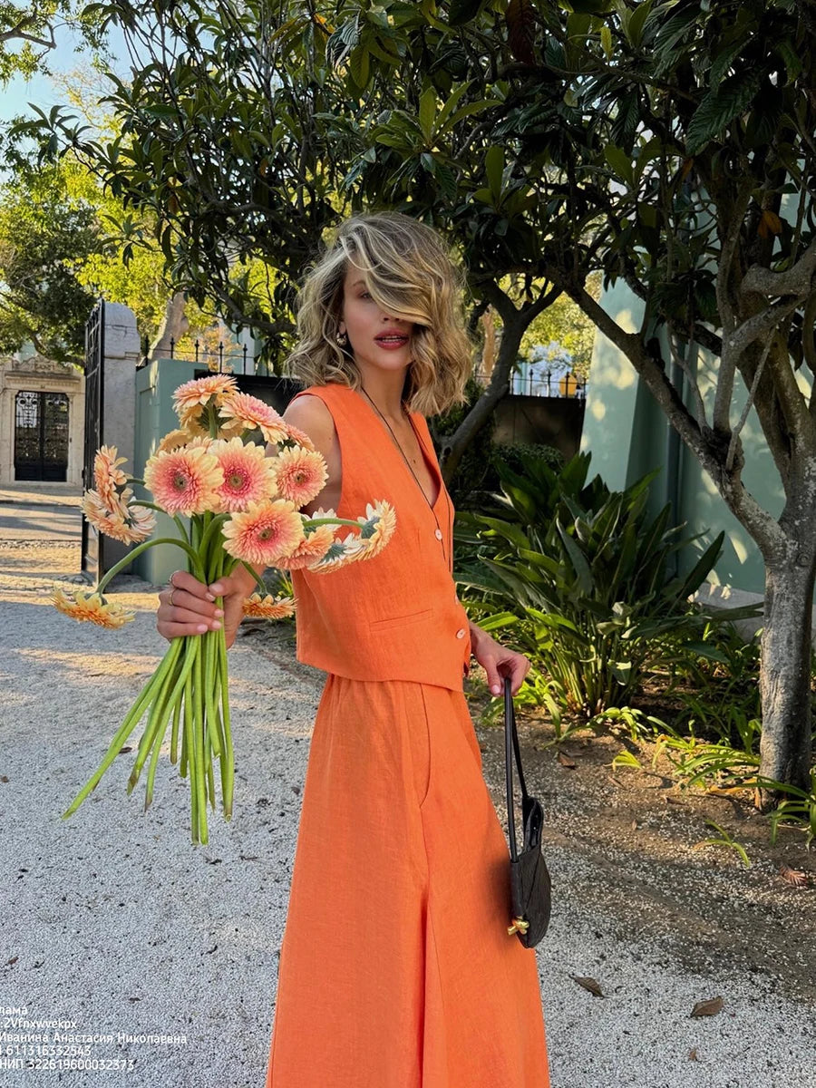Conjunto de chaleco y falda de lino con estampado de puesta de sol