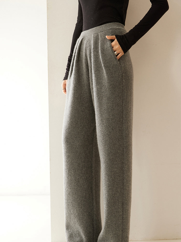 Cashmere Wool Wide-Leg Pile Detail Trousers