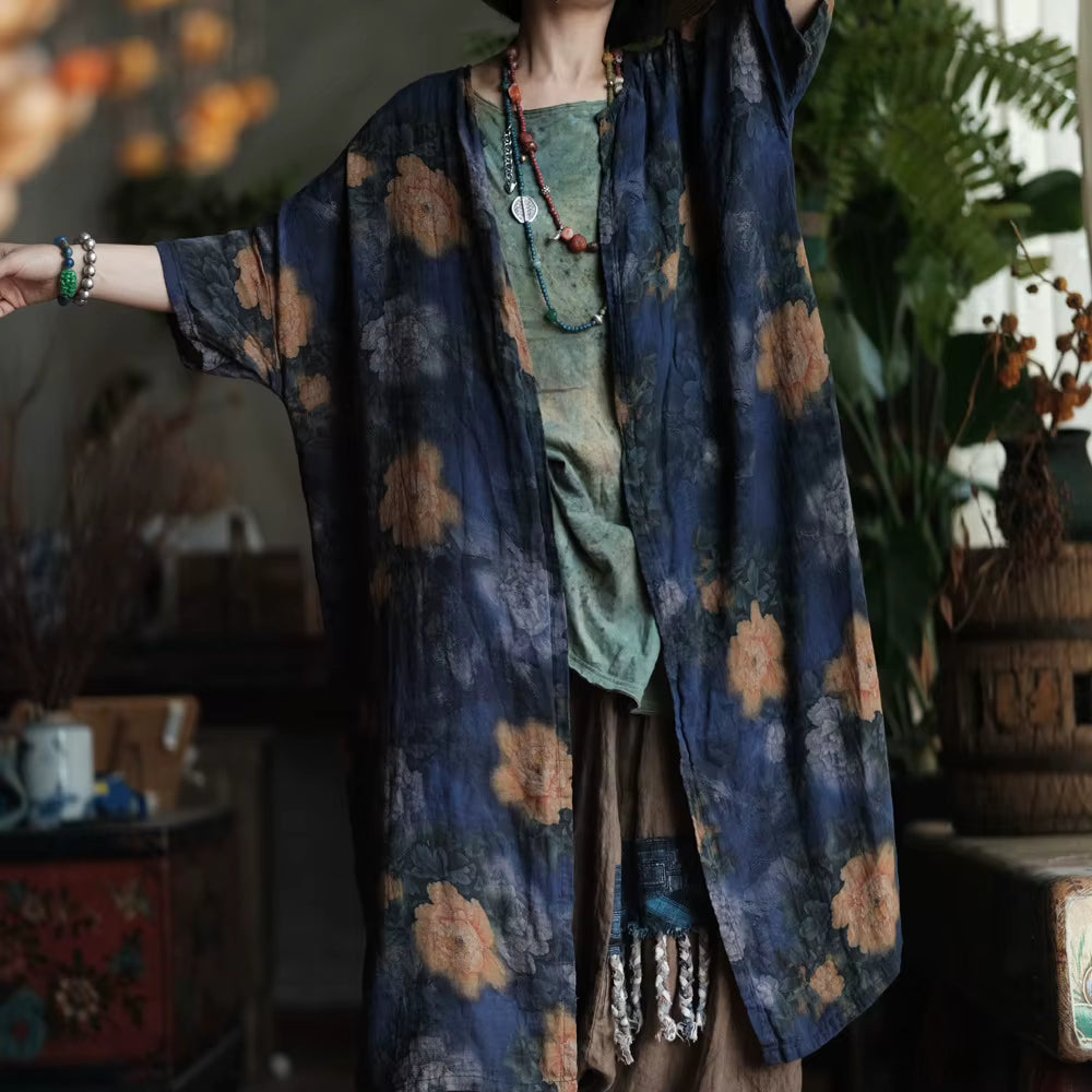 Vintage Blue Garden Cotton Long Shirt