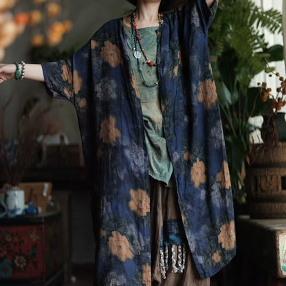 Vintage Blue Garden Cotton Long Shirt