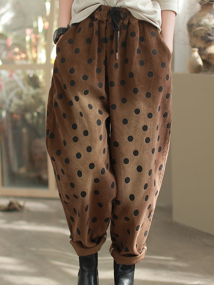 Dot Cozy Corduroy Pants – Polka Dot, Elastic Waist, Ankle Length