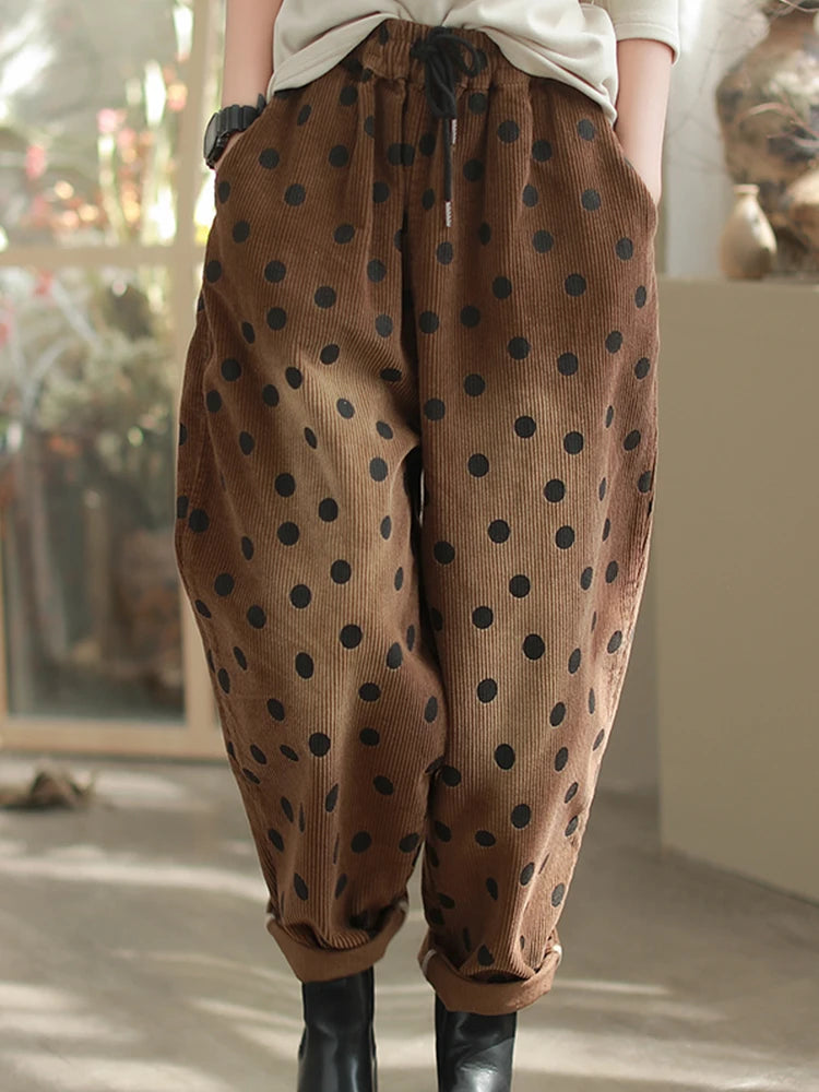 Dot Cozy Corduroy Pants – Polka Dot, Elastic Waist, Ankle Length
