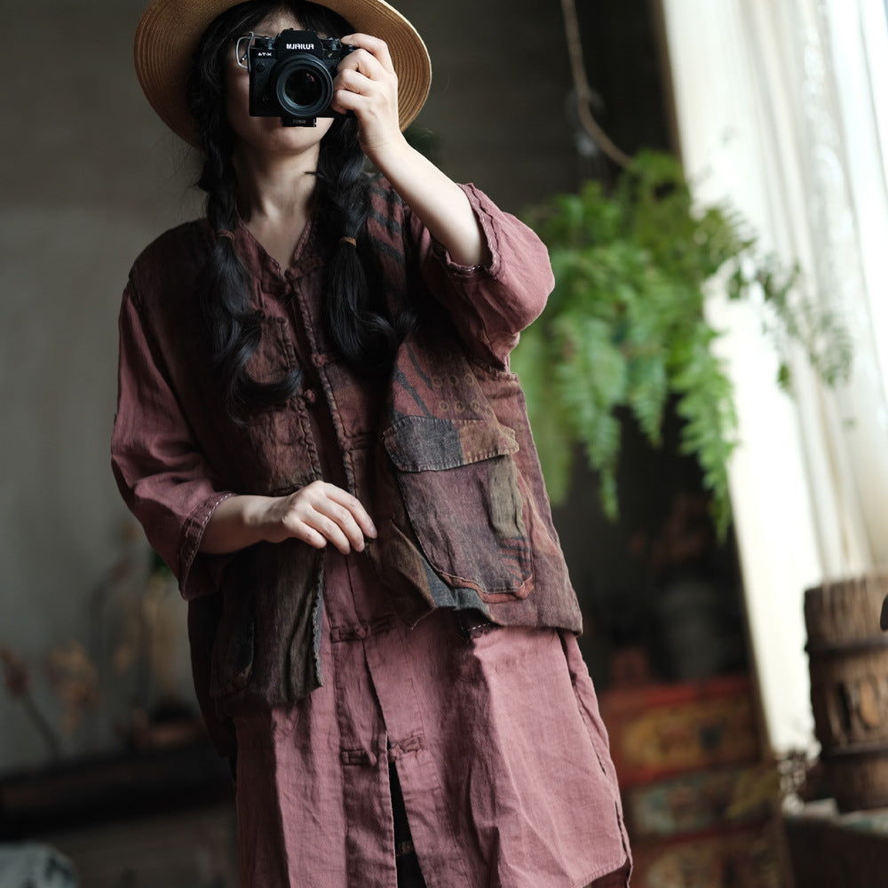 Gilet bohème en lin à poches