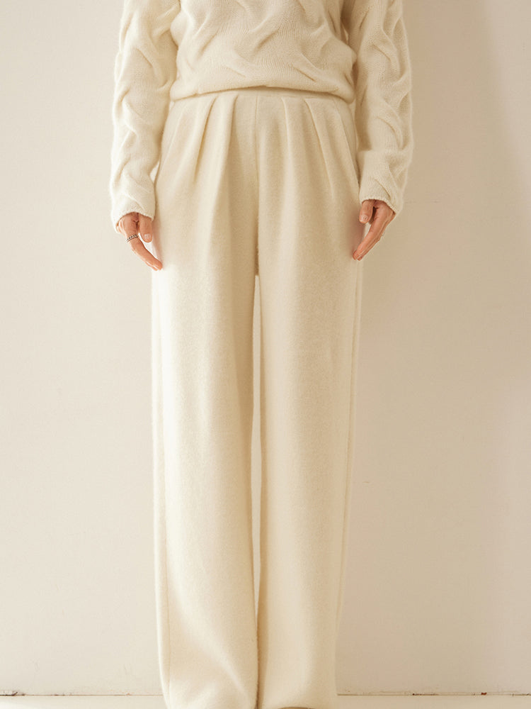 Cashmere Wool Wide-Leg Pile Detail Trousers