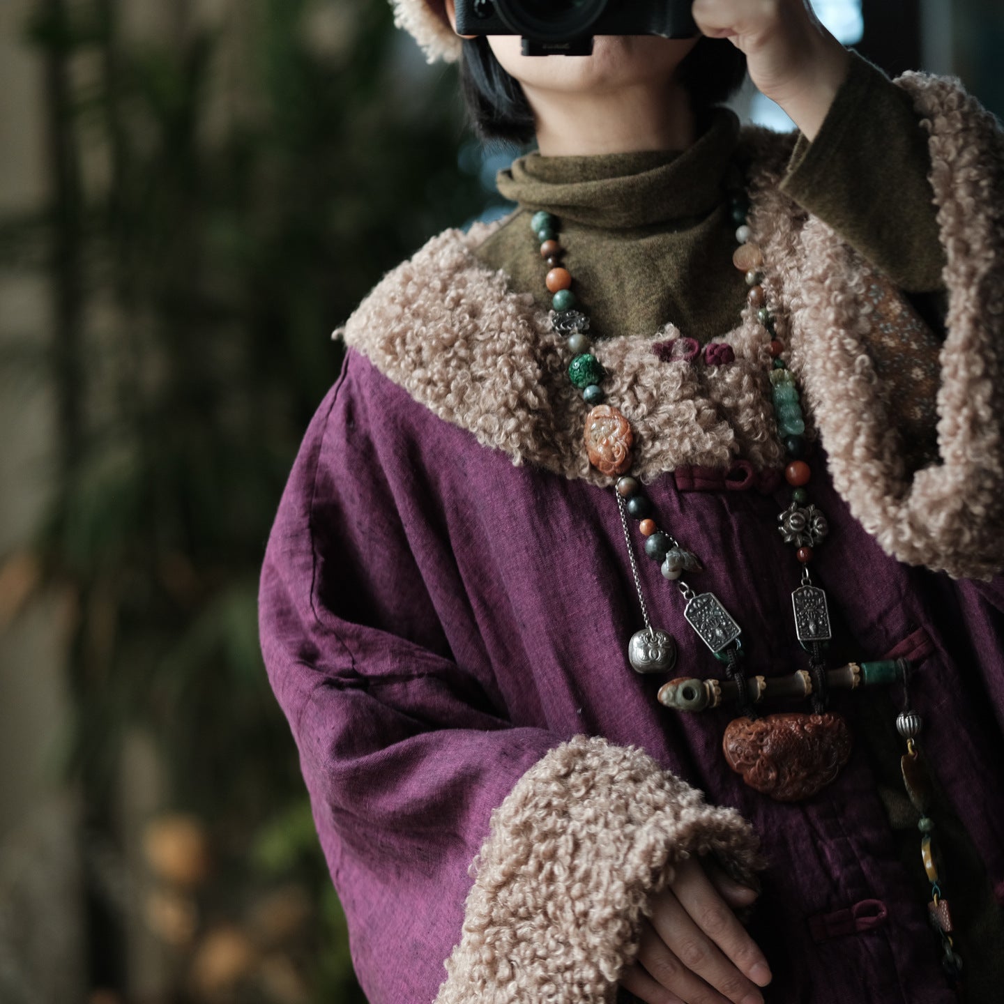 Vintage Padded Cotton Linen Jacket – Faux Fur Trim, Oversized Buttoned Coat