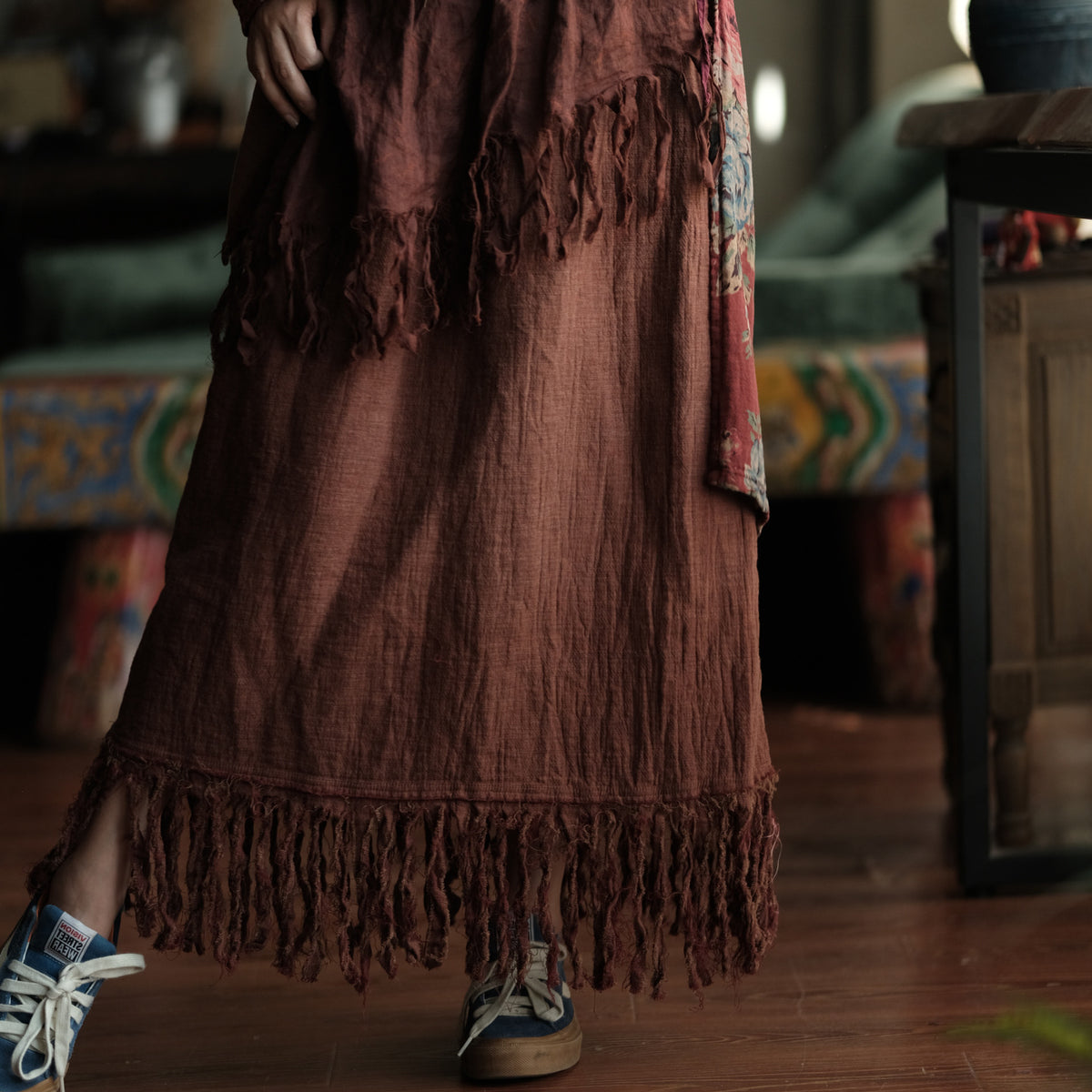 Terracotta Nomad Fringe Cotton-Linen Midi Skirt