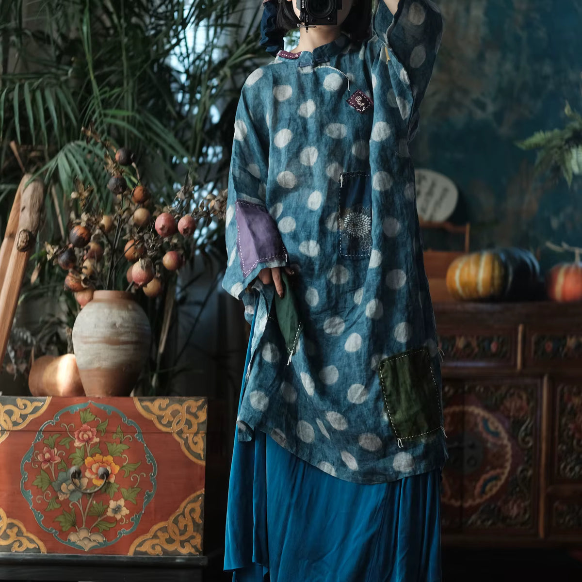 Sora Vintage Blue Dot Ramie Dress