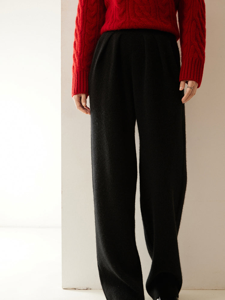 Cashmere Wool Wide-Leg Pile Detail Trousers