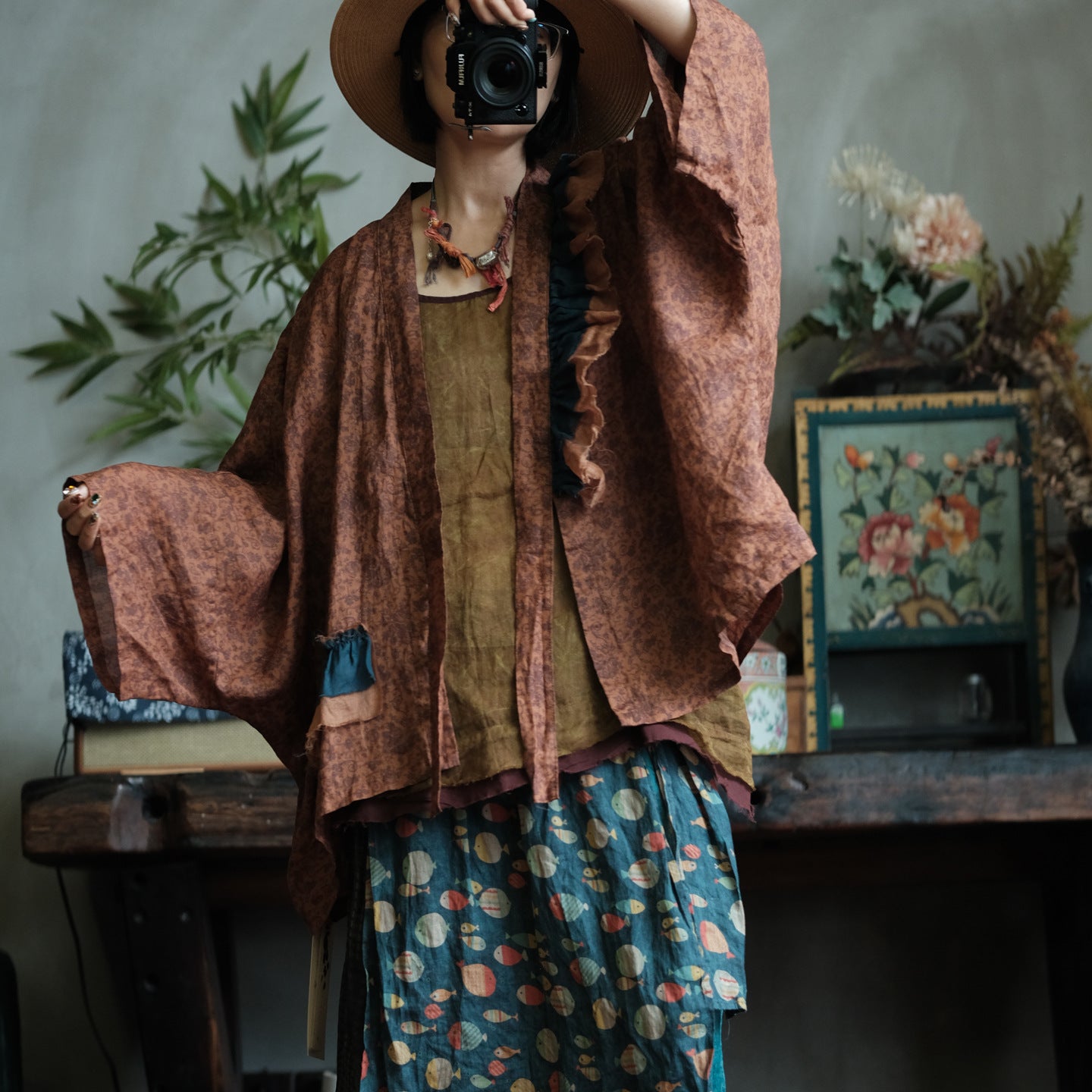 Vintage Fish Print Ramie Wide Leg Pants