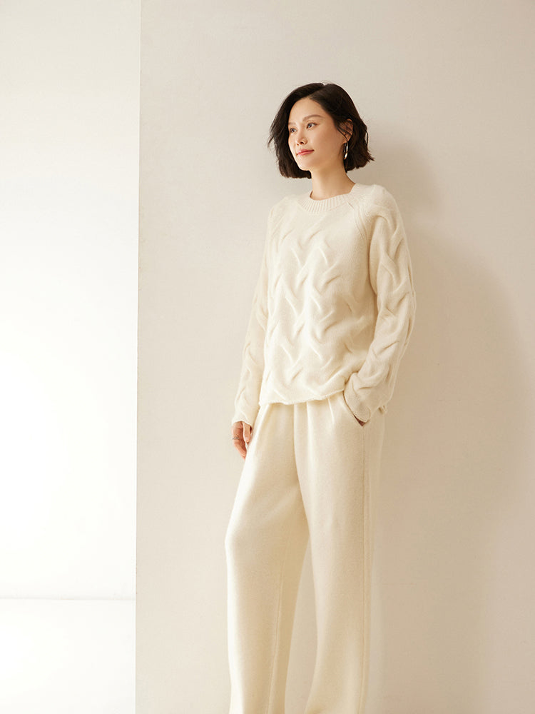 Cashmere Wool Wide-Leg Pile Detail Trousers