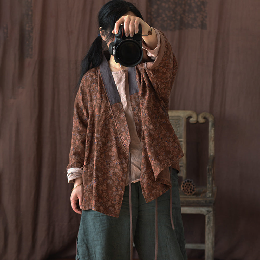 Vintage Bloom Linen Kimono Jacket – Patchwork Wrap Cardigan