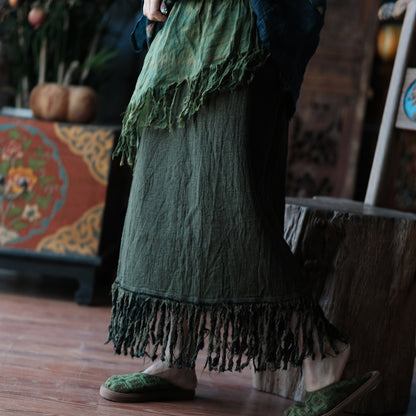 Charcoal Moss Nomad Fringe Cotton-Linen Midi Skirt