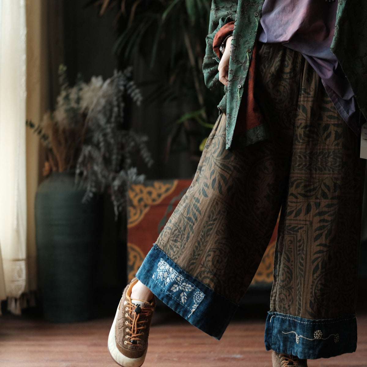 Botanical Archive Cropped Wide-Leg Cotton Pants