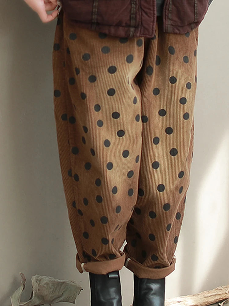 Dot Cozy Corduroy Pants – Polka Dot, Elastic Waist, Ankle Length