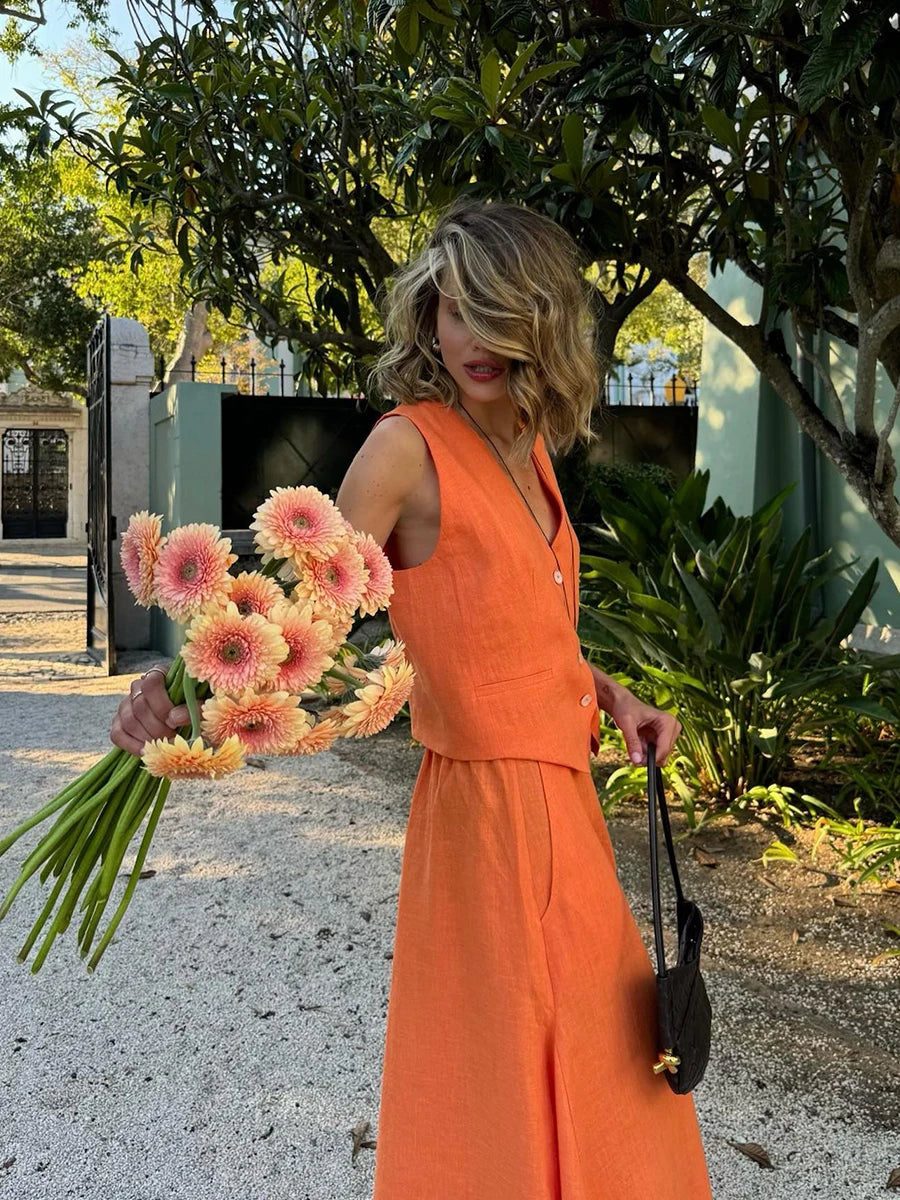 Conjunto de chaleco y falda de lino con estampado de puesta de sol