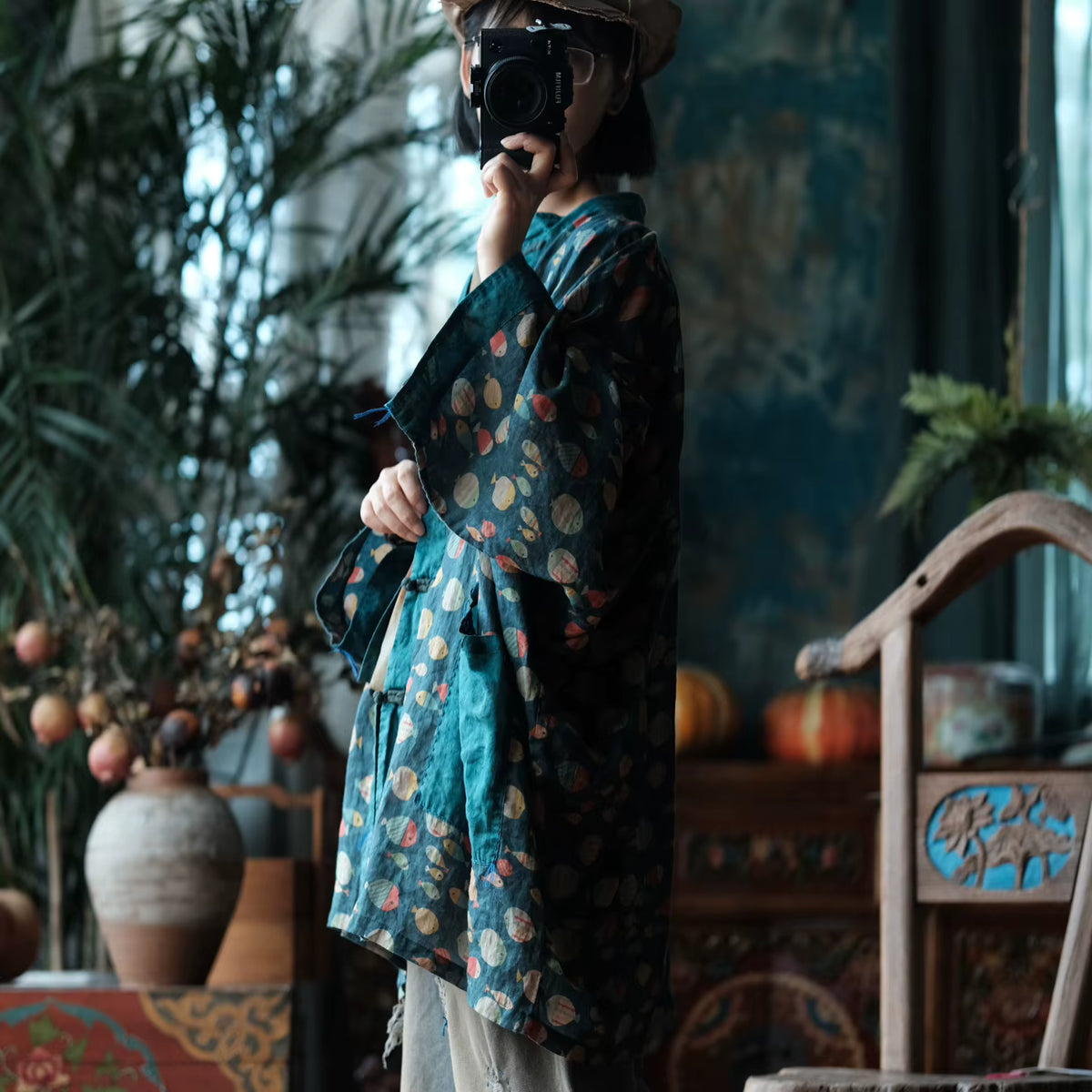 Indigo Fish Print Ramie Kimono