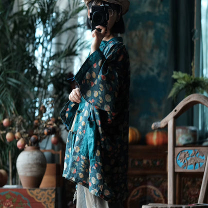 Indigo Fish Print Ramie Kimono